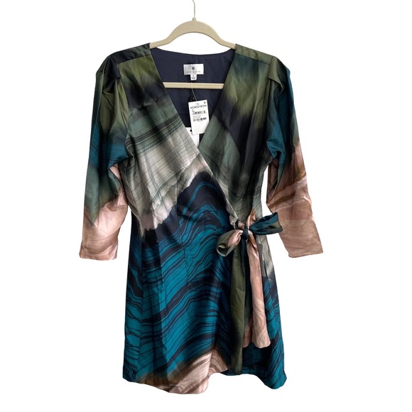 Socialite Olive Teal Abstract Marble Print Wrap Mini Dress WDR121749-N New Small - Picture 2 of 12